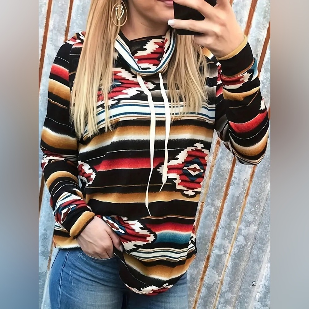 NEW Western Aztec Cowl Neck Long Sleeve Top S,XL,2XL
